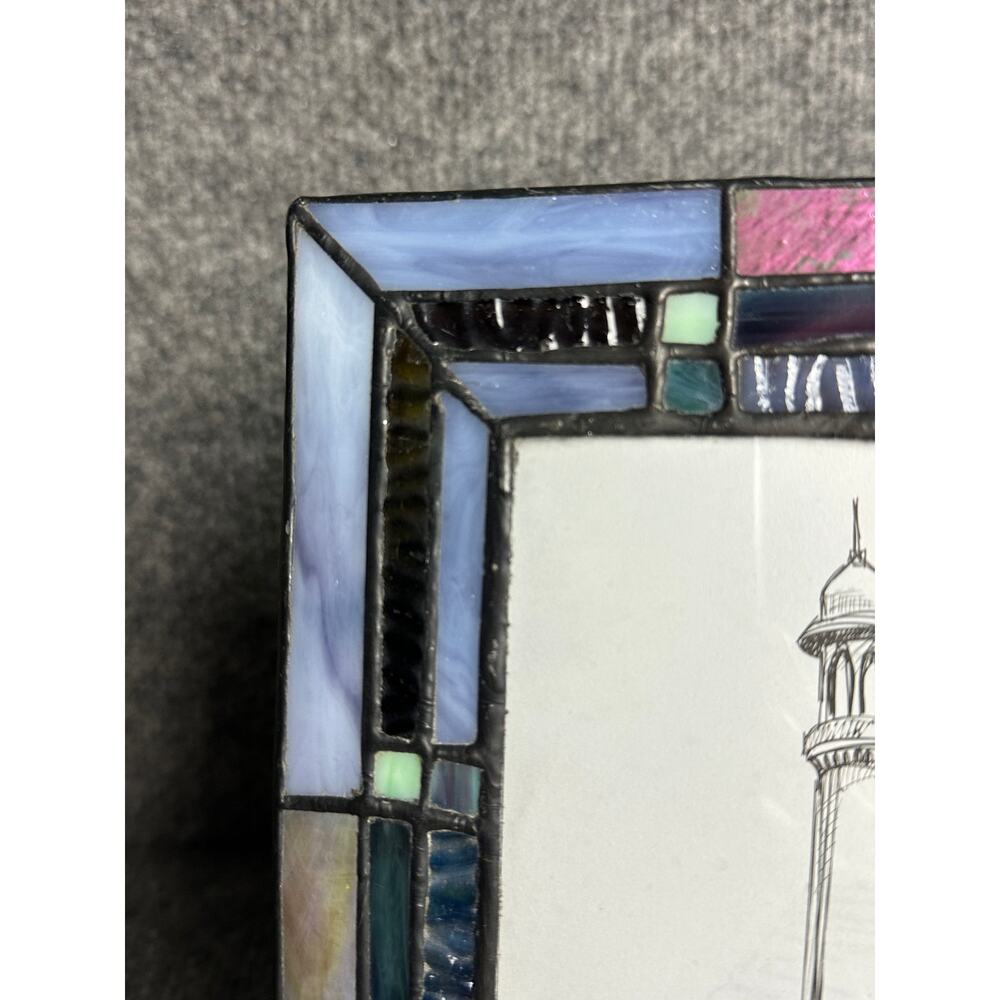 Vintage stained glass picture frame 4x6 Dale Tiffany blue iridescent coastal - Picture 2 of 10
